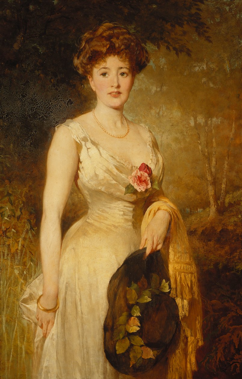 Retrato de uma dama em um vestido branco, 1909 de George Elgar Hicks