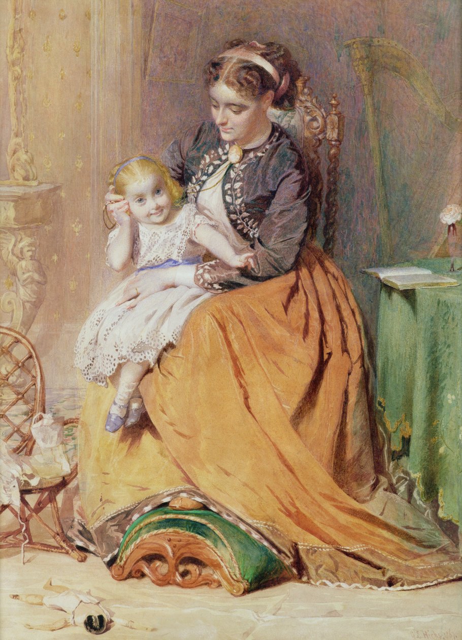 Tick, Tick, Tick - uma menina sentada no colo de sua mãe ouvindo seu relógio de ouro, 1867 de George Elgar Hicks