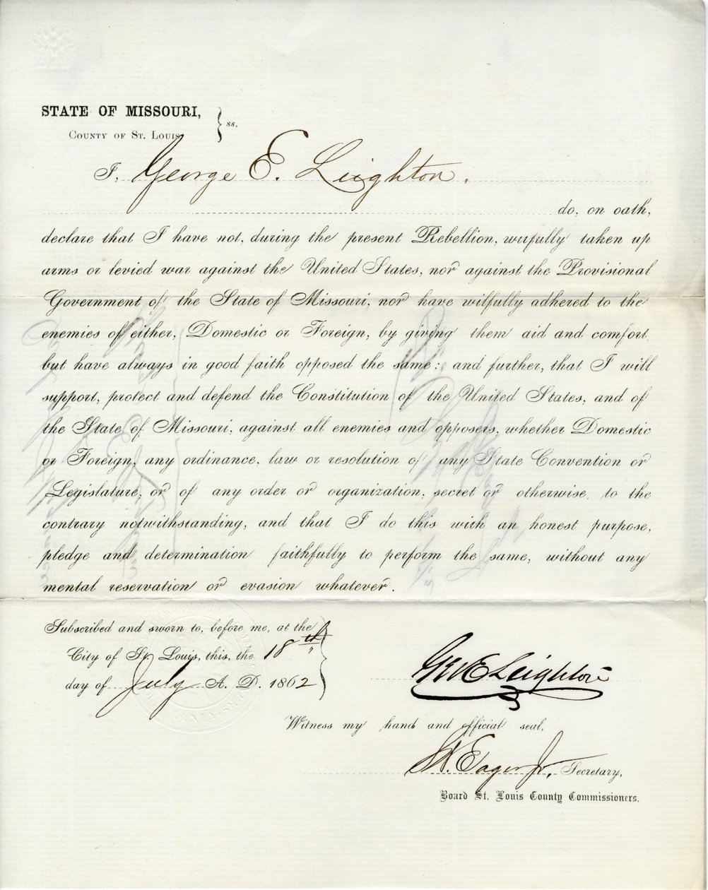 Juramento de lealdade de George E. Leighton do Missouri, Condado de St. Louis de George Eliot Leighton
