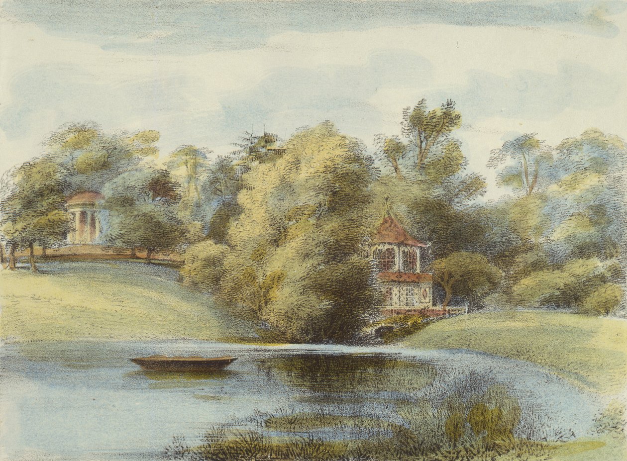 Templo chinês e Templo de Eolus, Kew Gardens, prato 16 de Kew Gardens: Uma série de vinte e quatro desenhos sobre pedra, gravada por Charles Hullmandel (1789-1850) publicado em 1820 (litografia colorida à mão) de George Ernest after Papendiek