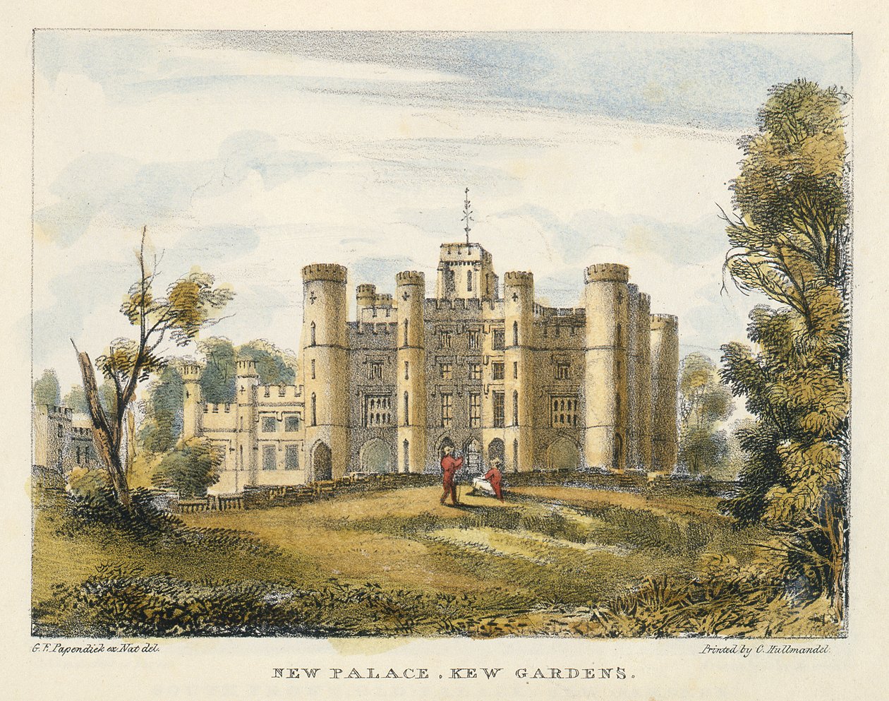 Novo palácio, Kew Gardens, prato 1 de Kew Gardens: Uma série de vinte e quatro desenhos sobre pedra, gravada por Charles Hullmandel (1789-1850), publicada em 1820 (litografia colorida à mão) de George Ernest after Papendiek
