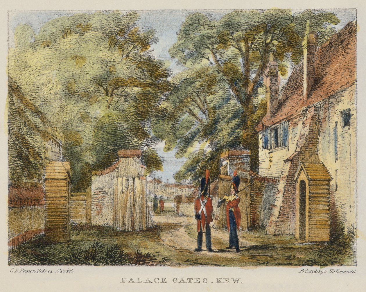 Portões do Palácio, Kew, placa 3 de Kew Gardens: Uma série de vinte e quatro desenhos sobre pedra, gravada por Charles Hullmandel (1789-1850), publicada em 1820 (litografia colorida à mão) de George Ernest after Papendiek