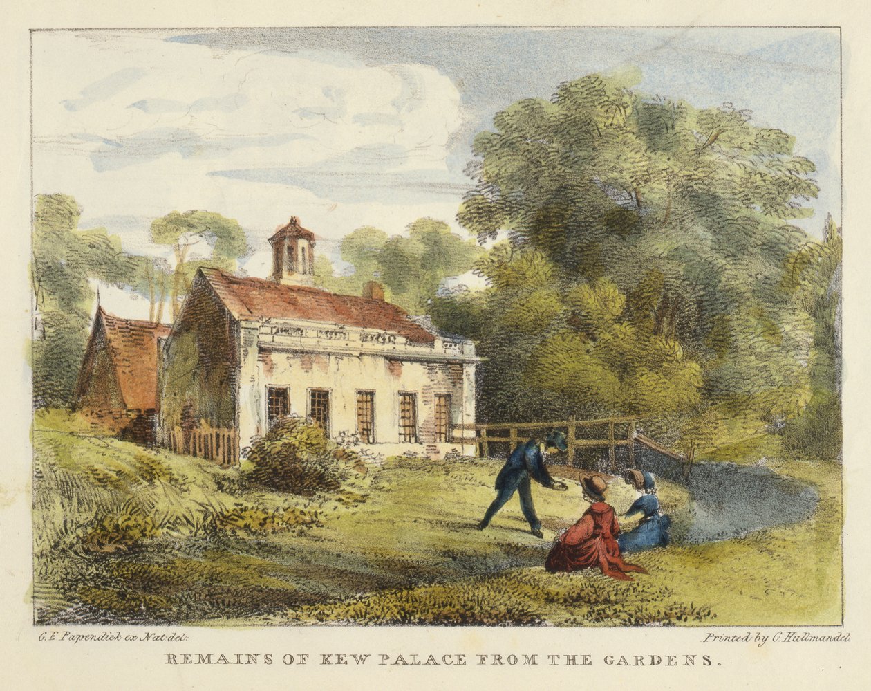 Restos do Palácio de Kew dos Jardins, prato 6 de Kew Gardens: Série de Vinte e Quatro Desenhos de Pedra, gravada por Charles Hullmandel (1789-1850), publicada em 1820 (litografia colorida à mão) de George Ernest after Papendiek