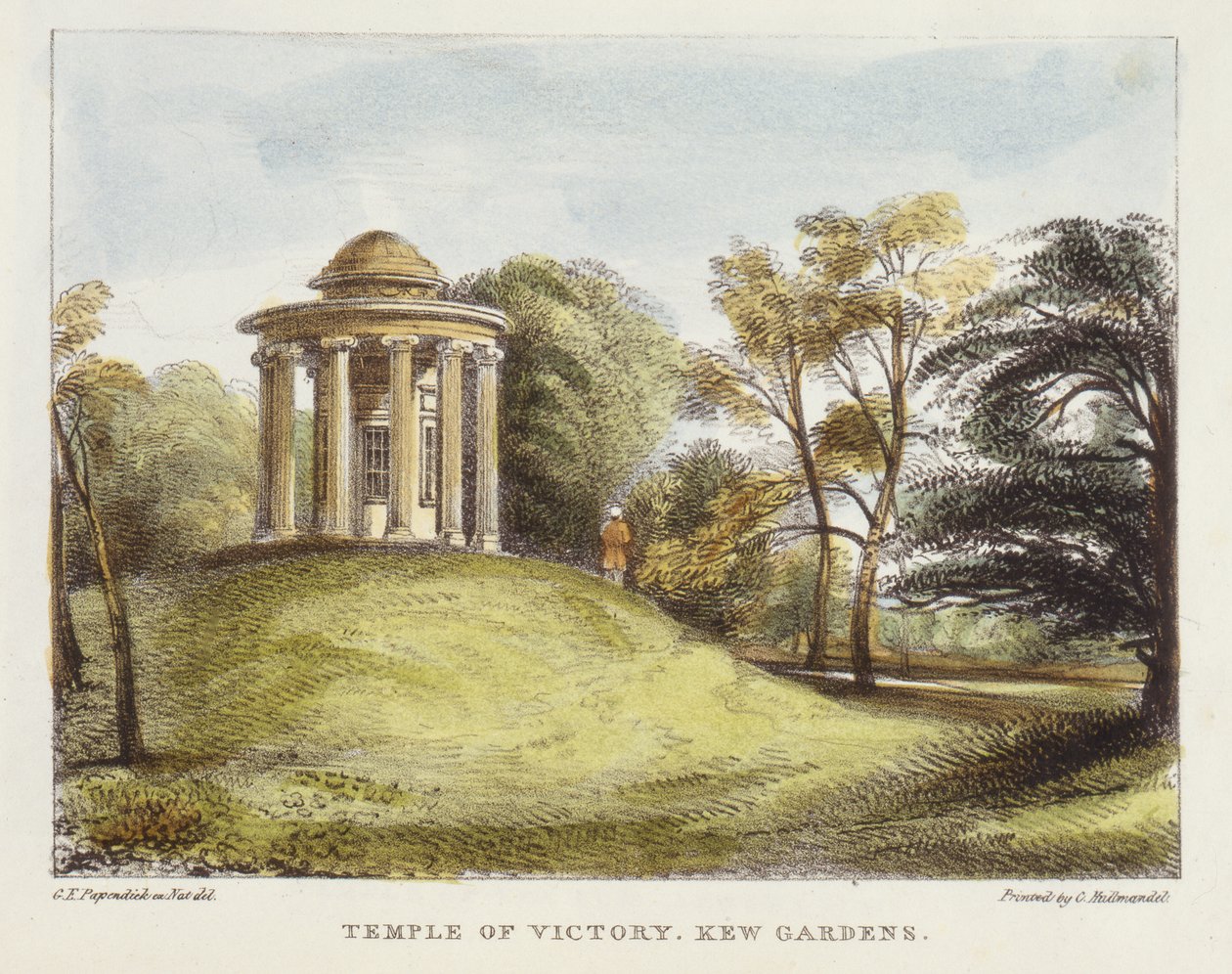 Templo do Sol, Arboreto, Kew Gardens, prato 20 de Kew Gardens: Uma Série de Vinte e Quatro Desenhos em Pedra, gravada por Charles Hullmandel (1789-1850), publicada em 1820 (litografia colorida à mão) de George Ernest after Papendiek