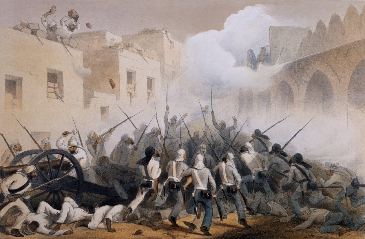 Storming of Delhi 1857, de The Campaign in India 1857-58, de desenhos feitos durante o período agitado do Grande Mutiny, ilustrando as operações militares antes de Delhi e seu bairro, e de George Francklin Atkinson