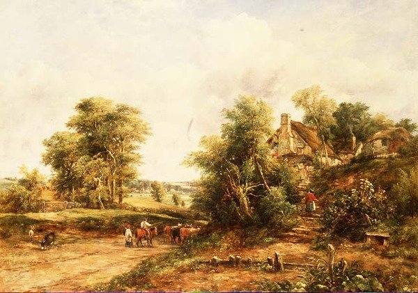 Paisagem de verão em eventide com bois e gado de George Frederic Watts
