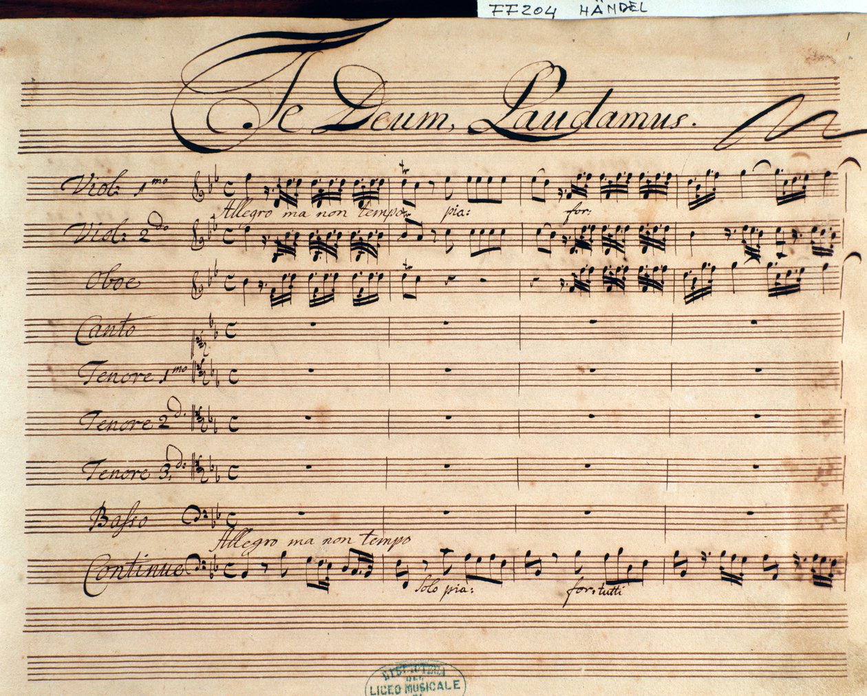 Página de título da partitura de Te deum de G F Handel de George Frederick Handel