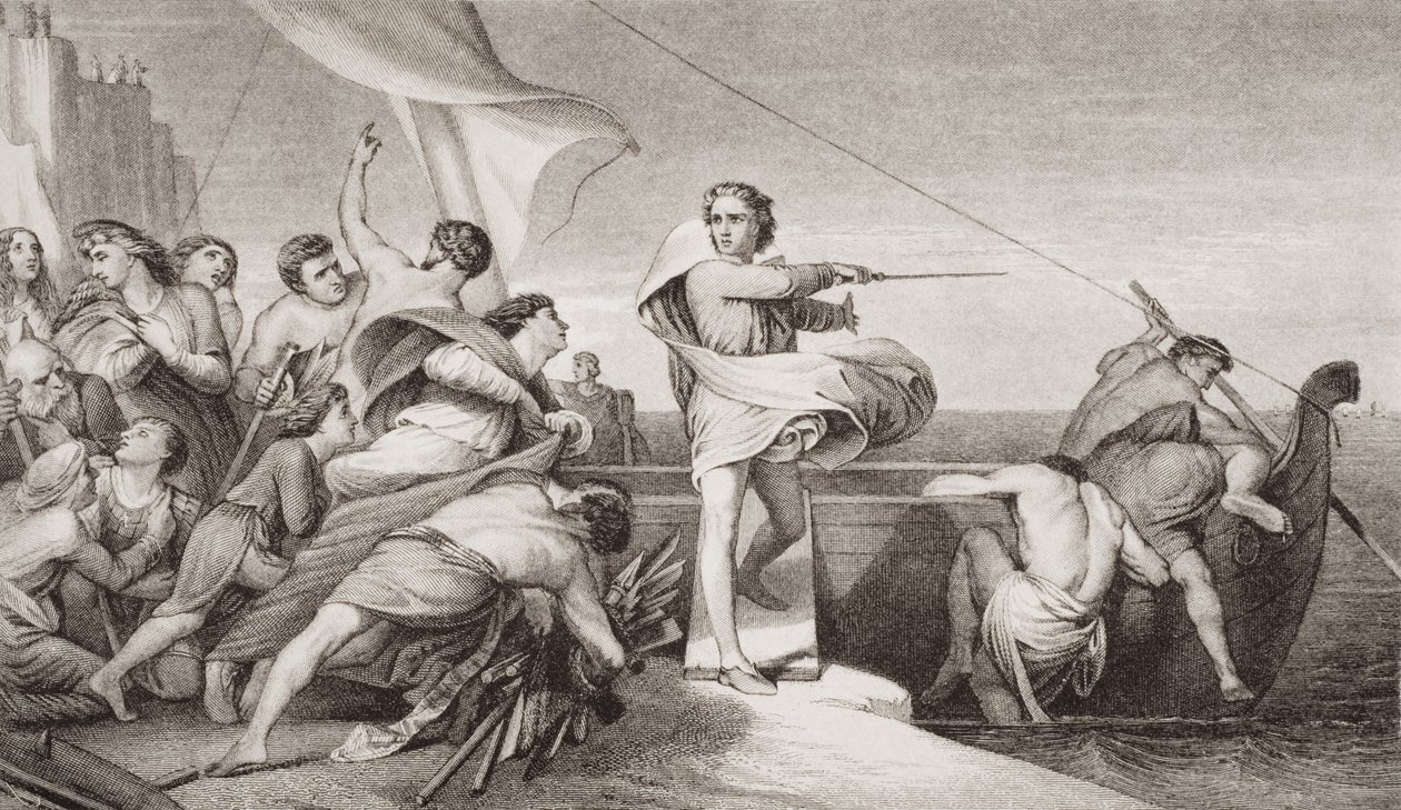 Rei Alfred incitando os anglo-saxões a repelir a invasão dos dinamarqueses em 876 dC, de "Ilustrações da história escocesa e inglesa", Volume I de George Frederick Watts