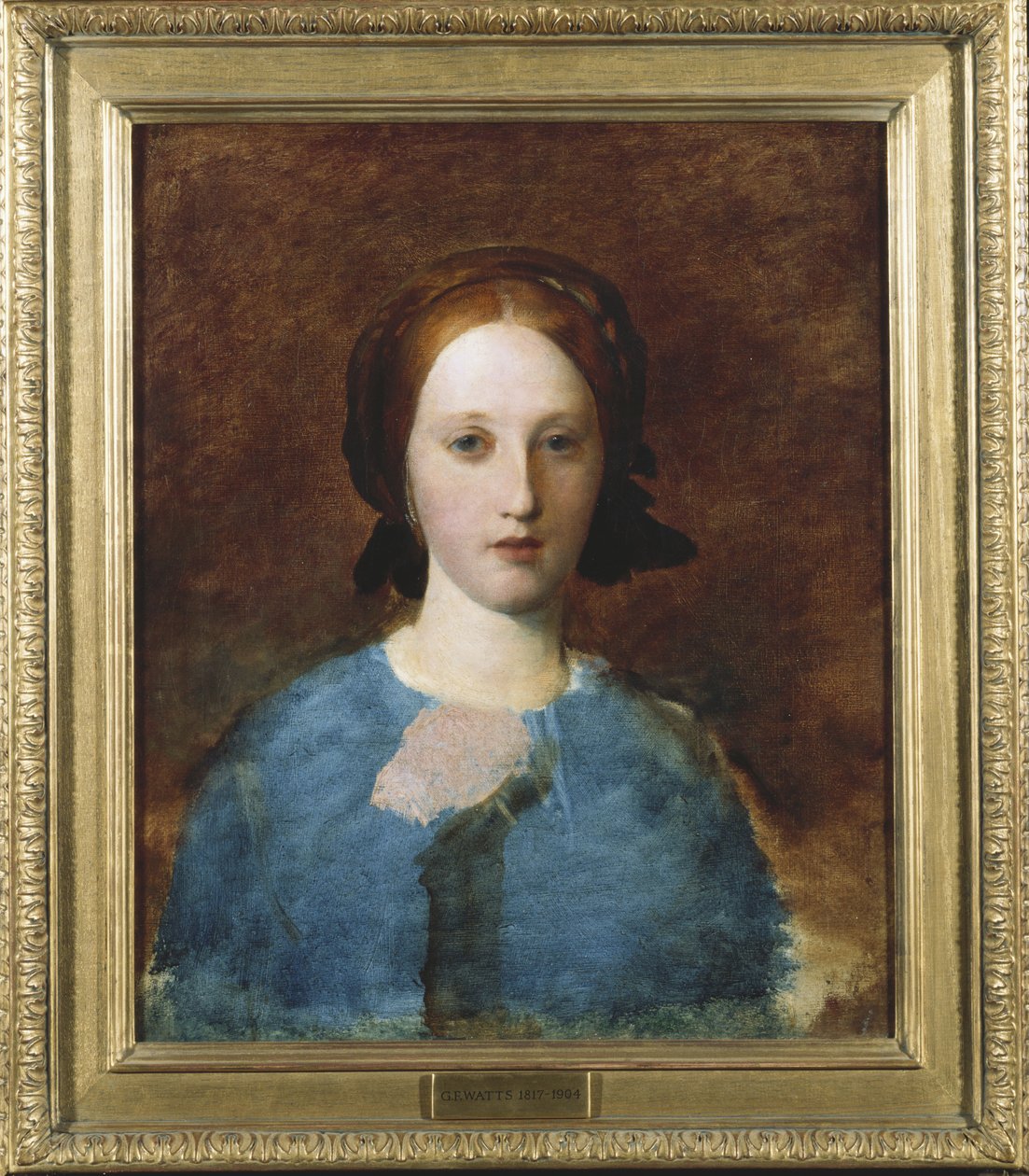 Retrato da Sra. Prescott Decie, comprimento do busto, em um vestido azul - um esboço de George Frederick Watts