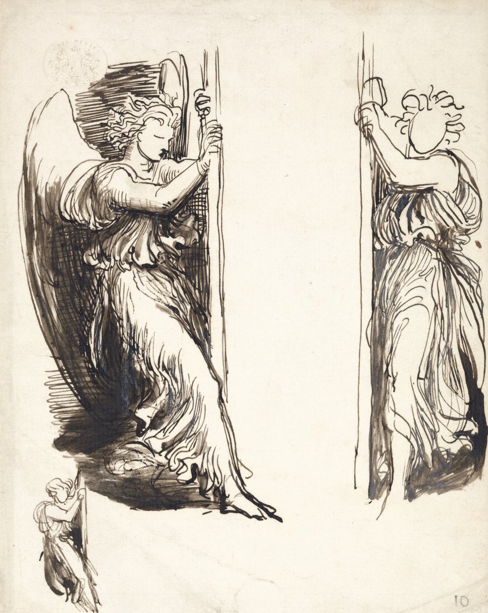 Estudos para Anjos no Tribunal da Morte (caneta e tinta marrom sobre grafite) de George Frederick Watts