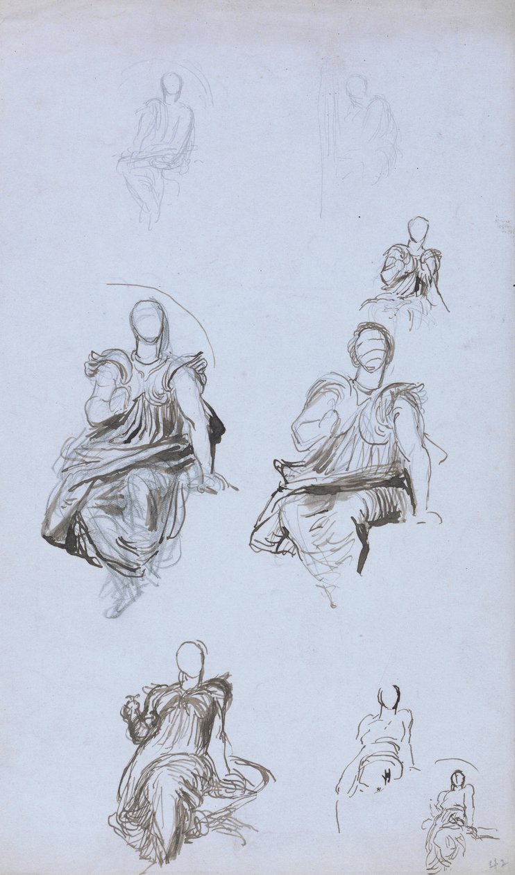 Estudos de uma figura sentada com um livro (caneta e tinta marrom e grafite sobre papel azul) de George Frederick Watts