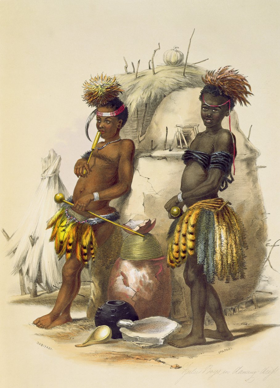 Dabiyaki e Upapazi, Zulu Boys em Dancing Dress, prato 17 de &39;The Kafirs Illustrated&39;, 1849 de George French Angas