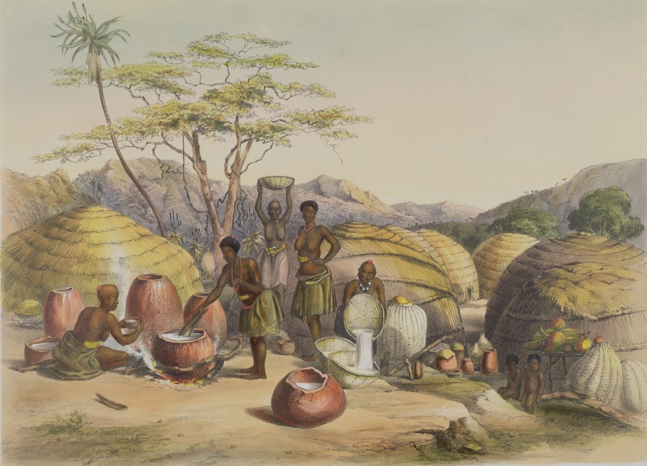 Kraal de Gudu no Tugala, Mulheres fazendo cerveja, prato 26 de &39;The Kafirs Illustrated&39;, 1849 de George French Angas