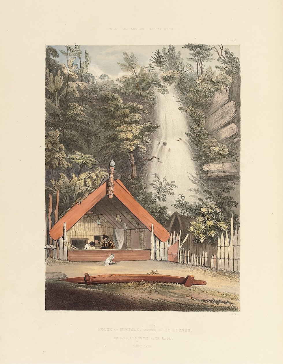 Casa de Hiwikau, mãe dos Heuneu e Cataratas de Ko Waihi, em Te Rapa, placa 21 de "The New Zealanders Illustrated", 1847 de George French Angas