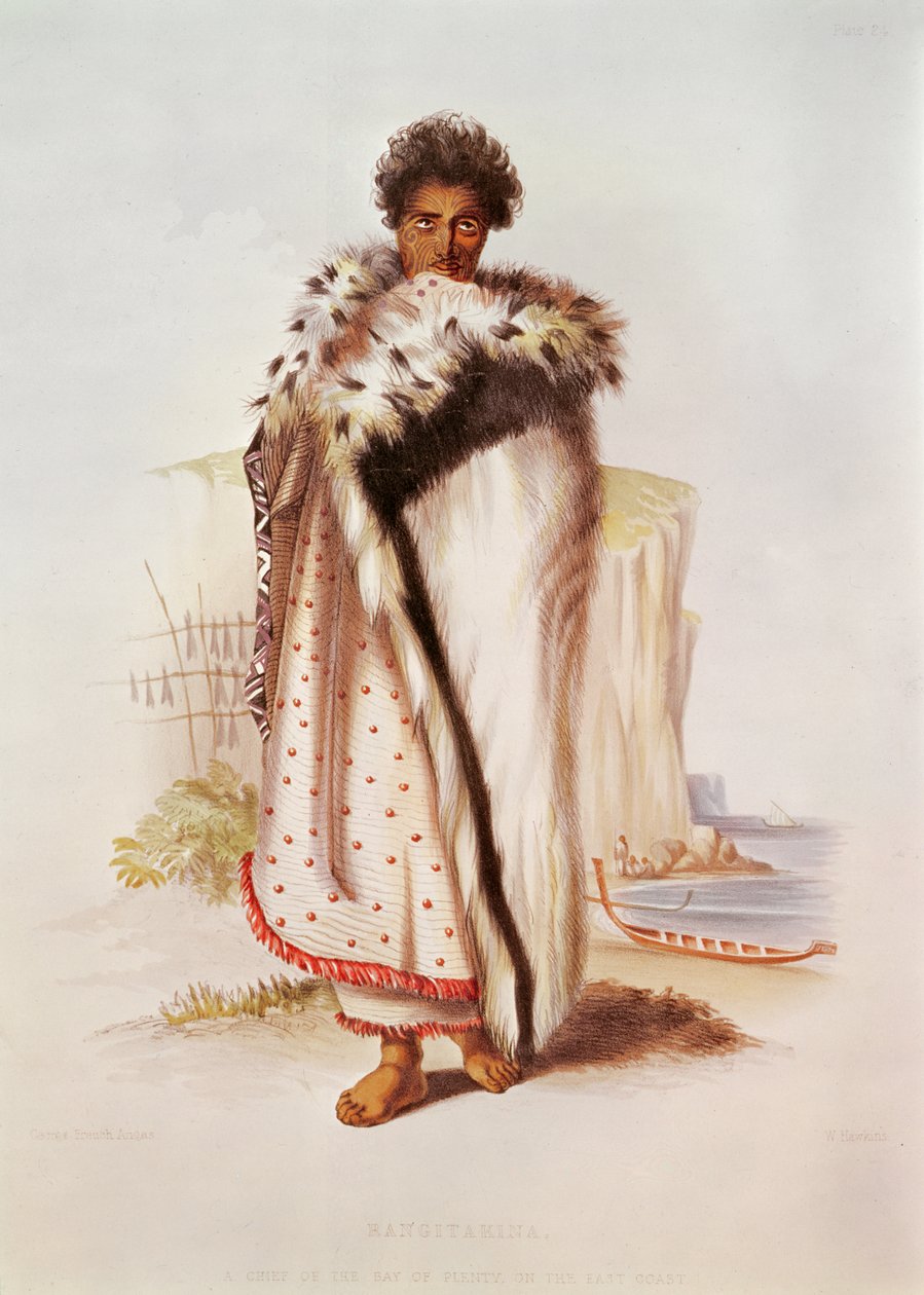Rangitakina, um chefe da Baía da Abundância na costa leste, ilustração da Nova Zelândia ilustrada, gravada por W. Hawkins, c.1845 de George French Angas