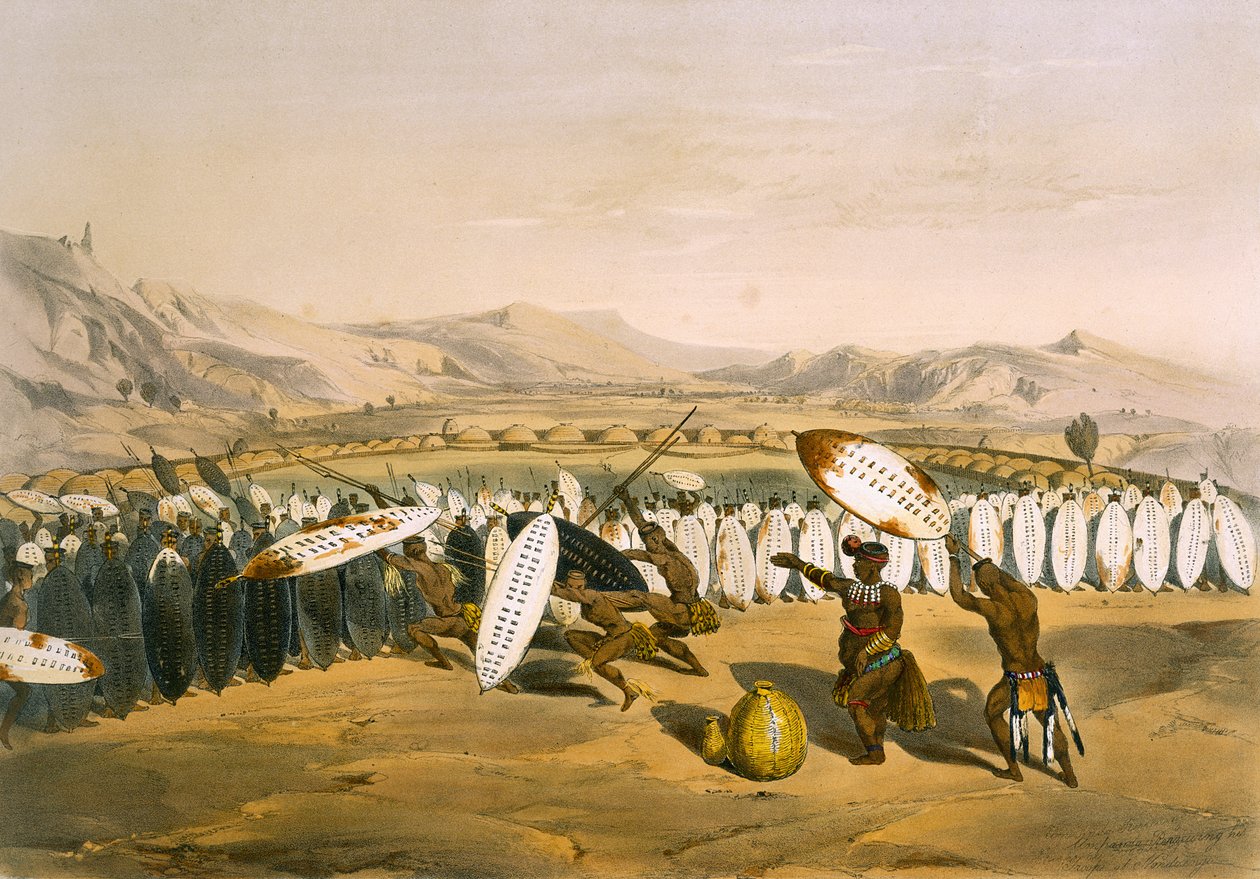 Umpanda Revendo suas tropas em Nonduengi, placa 12 de &39;The Kafirs Illustrated&39;, 1849 de George French Angas