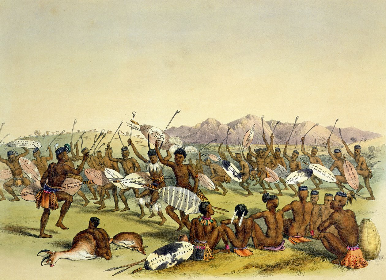 Zulu Hunting Dance perto das Montanhas Engooi, prato 14 de &39;The Kafirs Illustrated&39;, 1849 de George French Angas