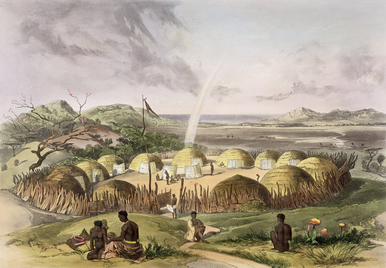 Zulu Kraal perto de Umlazi, Natal, prato 27 de &39;The Kafirs Illustrated&39;, 1849 de George French Angas