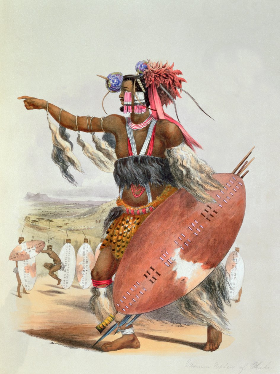 Guerreiro Zulu, Utimuni, sobrinho de Chaka, o falecido rei Zulu, 1849 de George French Angas