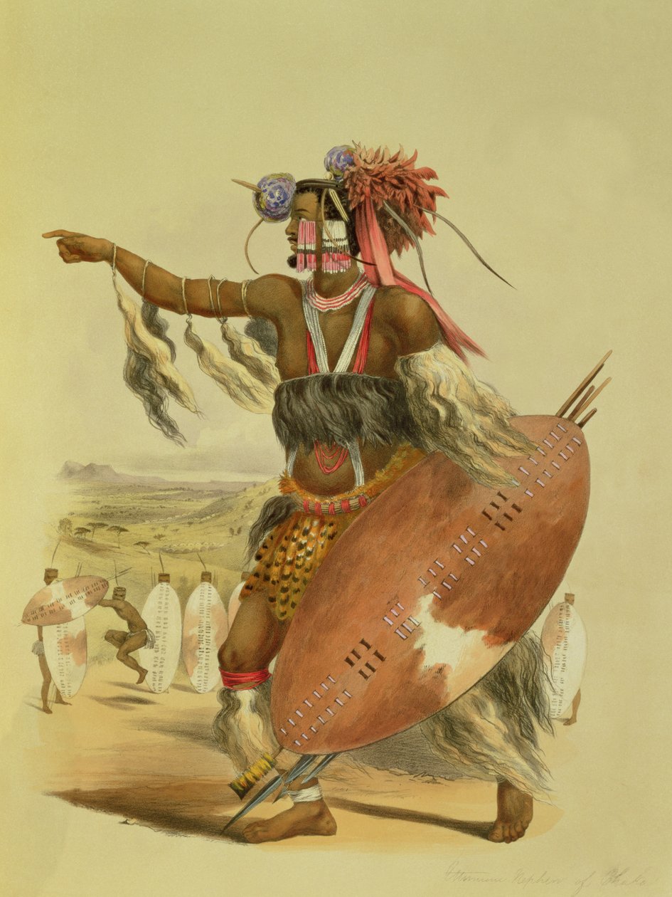 Guerreiro zulu, Utimuni, sobrinho de Chaka, o falecido rei zulu, prato 13 de &39;The Kafirs Illustrated&39;, 1849 de George French Angas