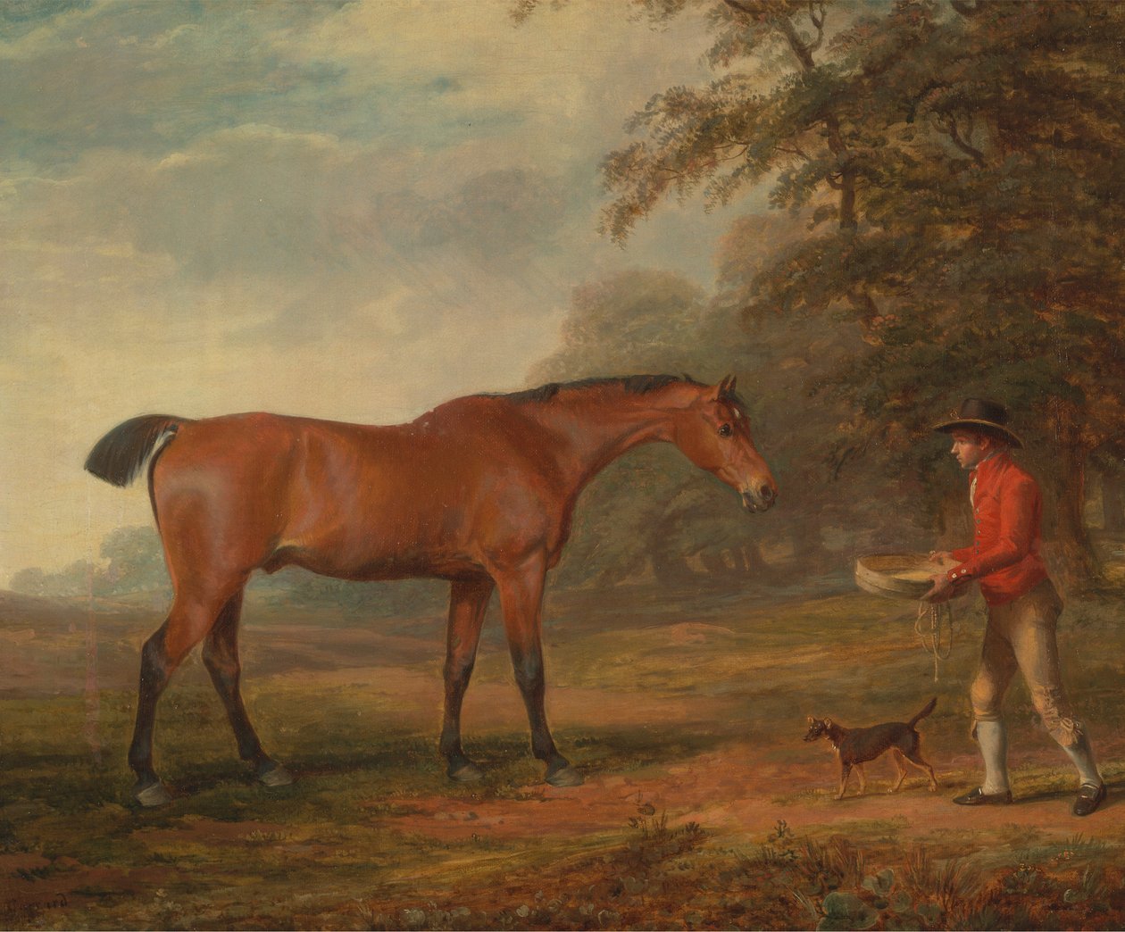 Um Cavalo de Baía Abordado por um Chefe Estável com Alimentos e um Cabresto de George Garrard