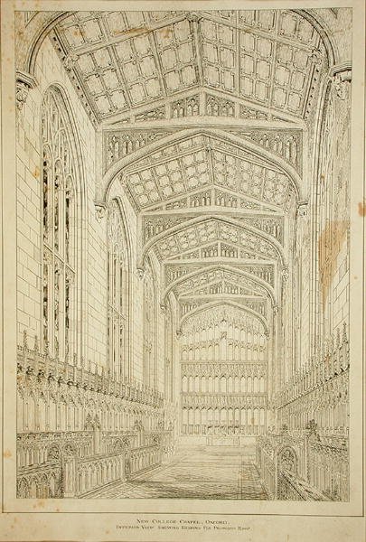 Nova Capela da Faculdade: Vista interior mostrando projetos para o telhado proposto de George Gilbert Scott