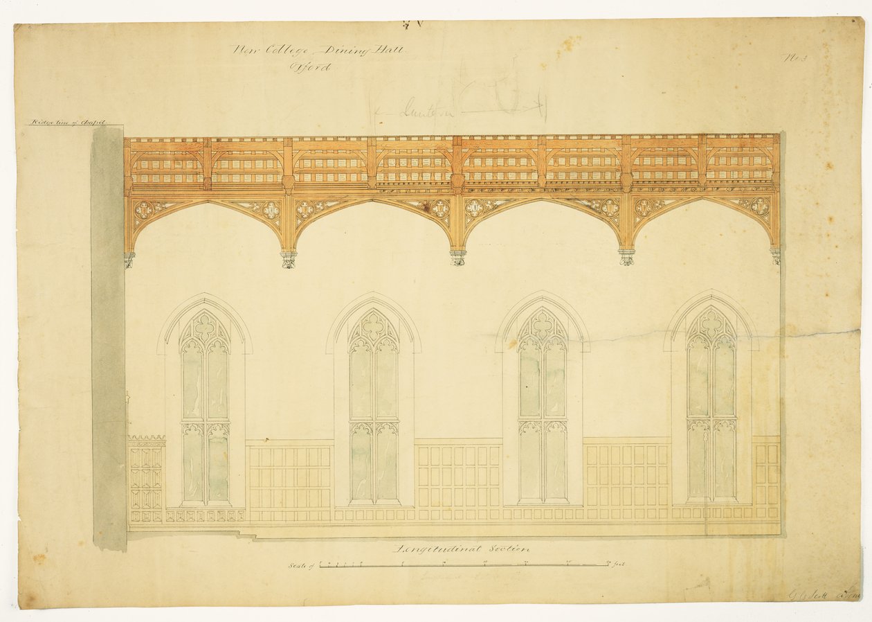 New College Oxford: Design para o New Hall Roof, 1865 (caneta e tinta para lavar no papel) de George Gilbert Scott