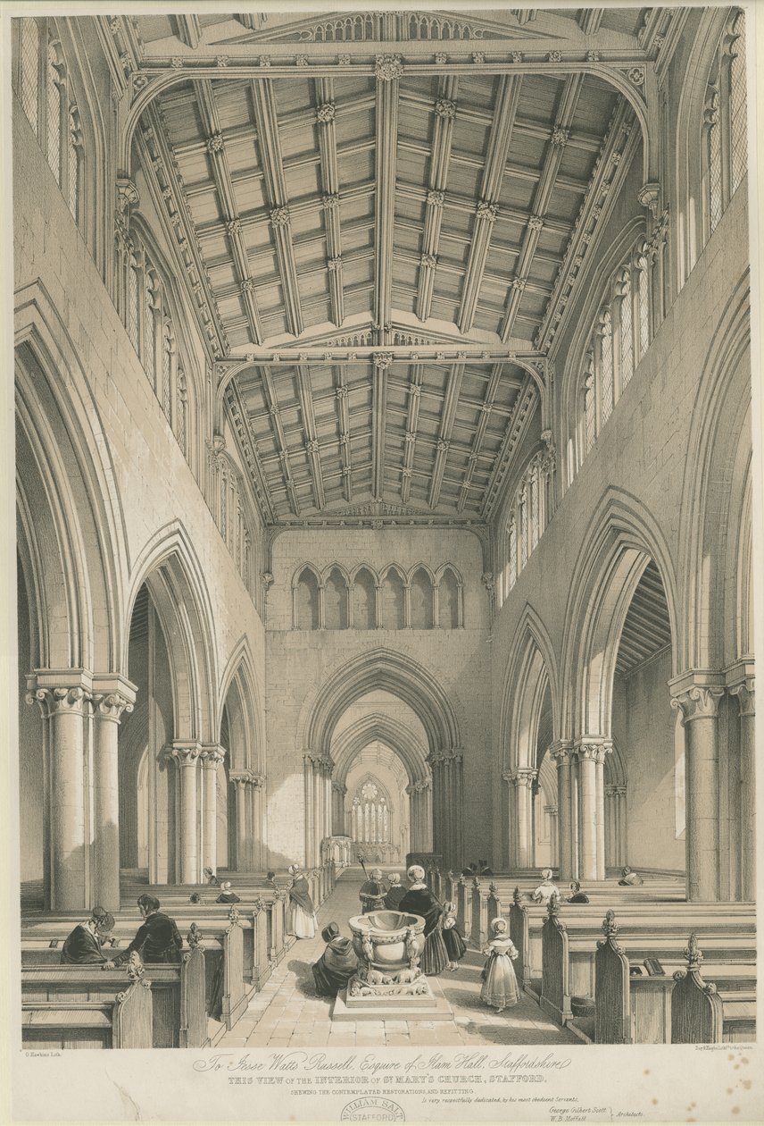 Stafford - Interior da Igreja de Santa Maria: litografia colorida, nd [c 1841] de George Gilbert Scott