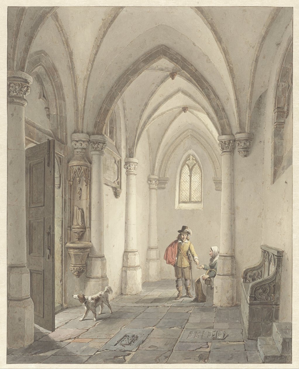 Interior da igreja com homem a dar esmola à mendiga de George Gillis Haanen