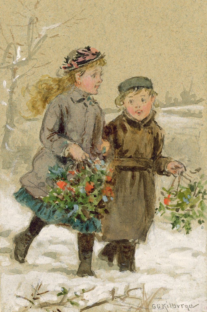 Crianças brincando na neve - Coletando Holly (wc aumentado com branco sobre papel) (ver 224240 para par) de George Goodwin Kilburne