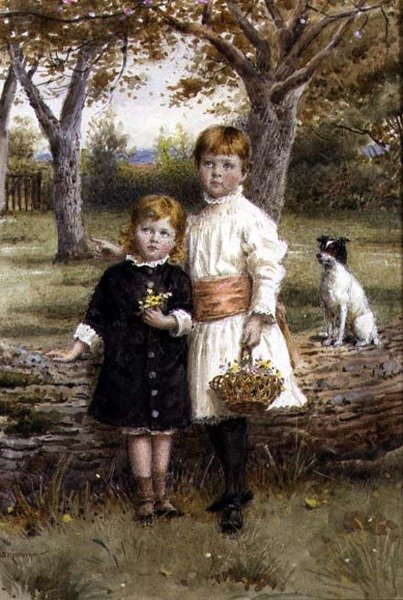 Duas Irmãs com um Cesto de Flores de George Goodwin Kilburne