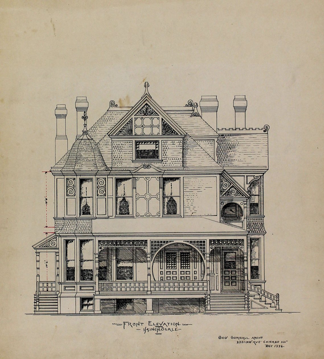 Desenhos de Design de Apresentação, Residência para Dr. Stratford, Chicago, Illinois, Elevação Frontal de George Gorball