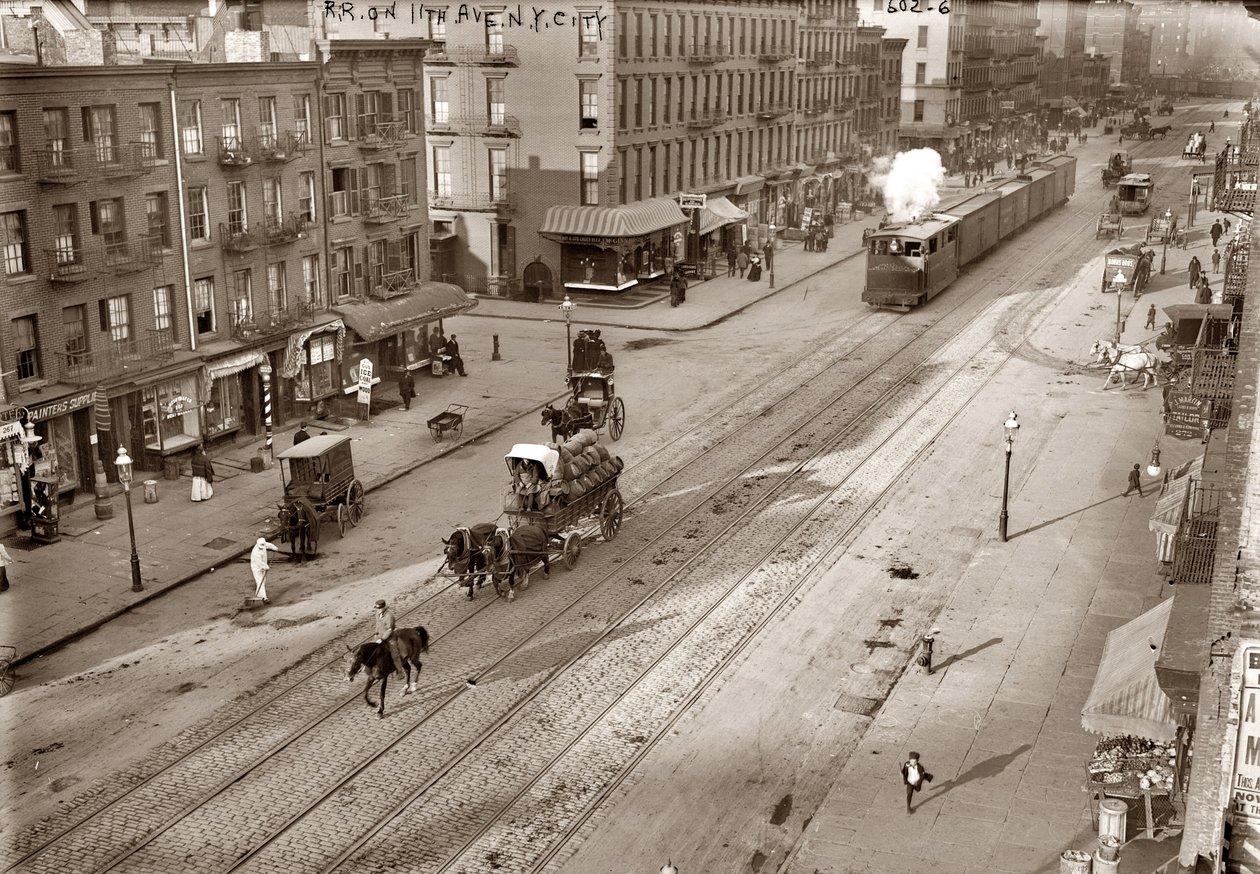 Eleventh Avenue e New York Central Railroad, por Bain, George Grantham (1865-1944). Albumina Foto, c. 1911. Coleção Particular de George Grantham   Bain News Service Bain