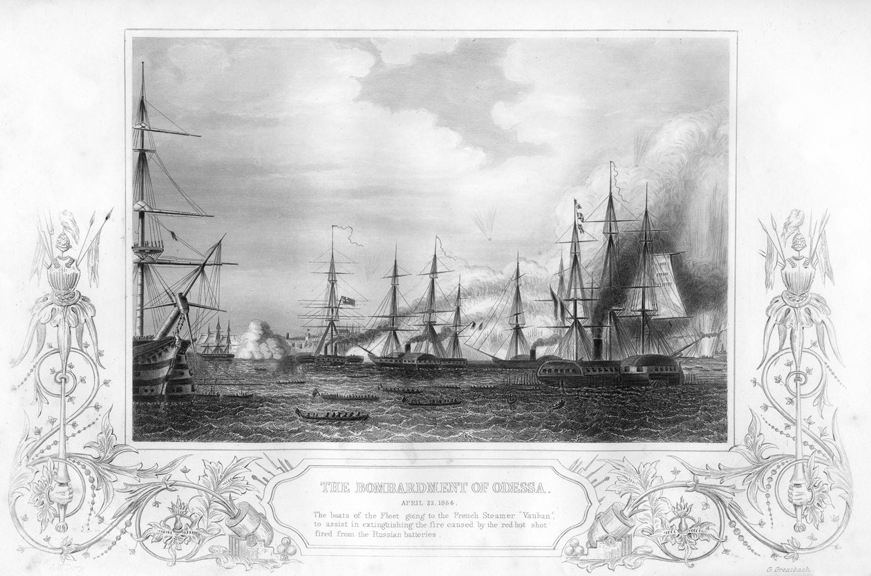 O bombardeio de Odessa, Ucrânia, durante a Guerra da Crimeia, 1854 1857. de George Greatbatch