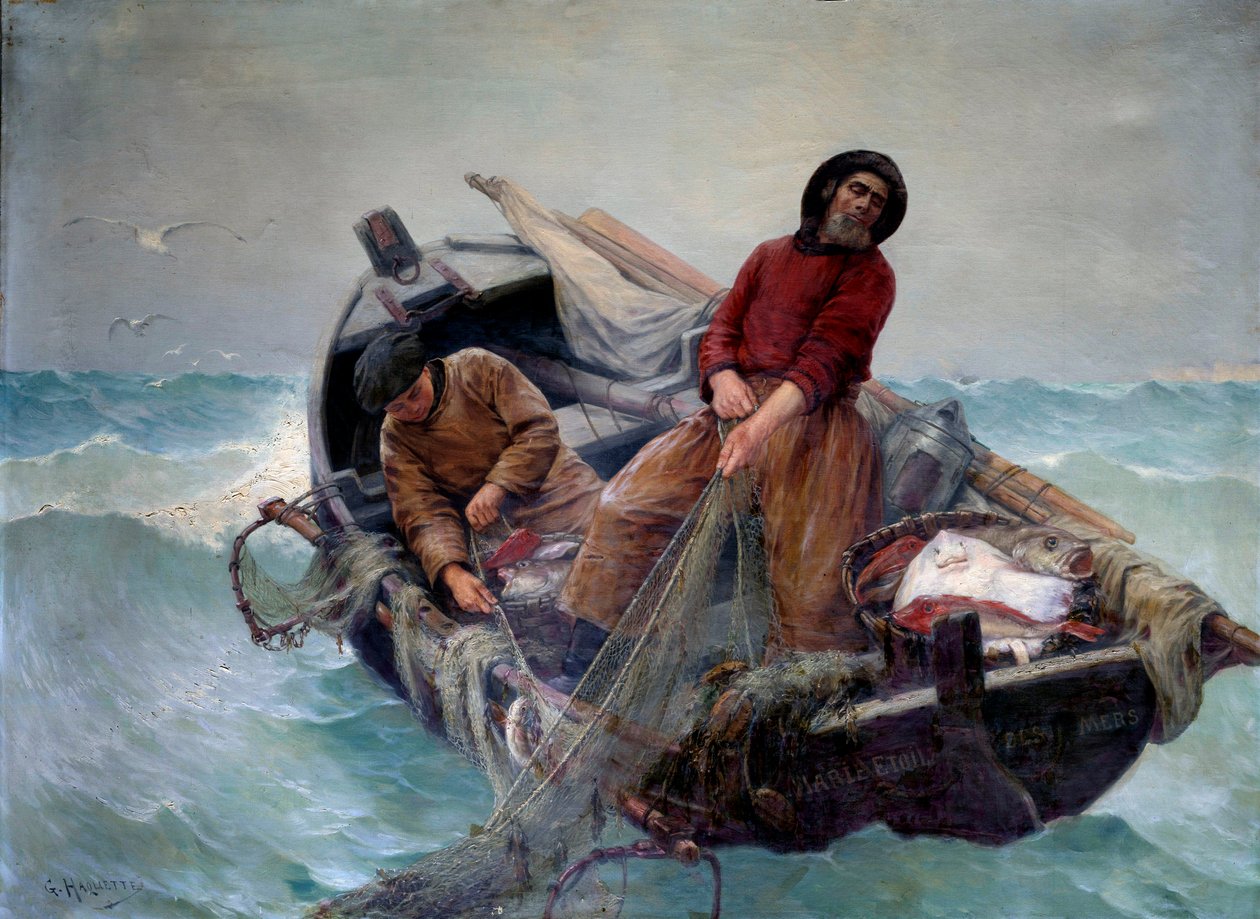 A pescar em mar aberto. Pintura por Georges Haquette (1854-1906) de George Haquette