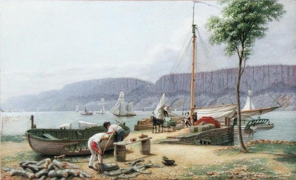 Boa tarde - Hastings Landing. Palisade Rocks in Shadow, New York, c.1836 (aguarela, guache e grafite sobre papel) de George Harvey
