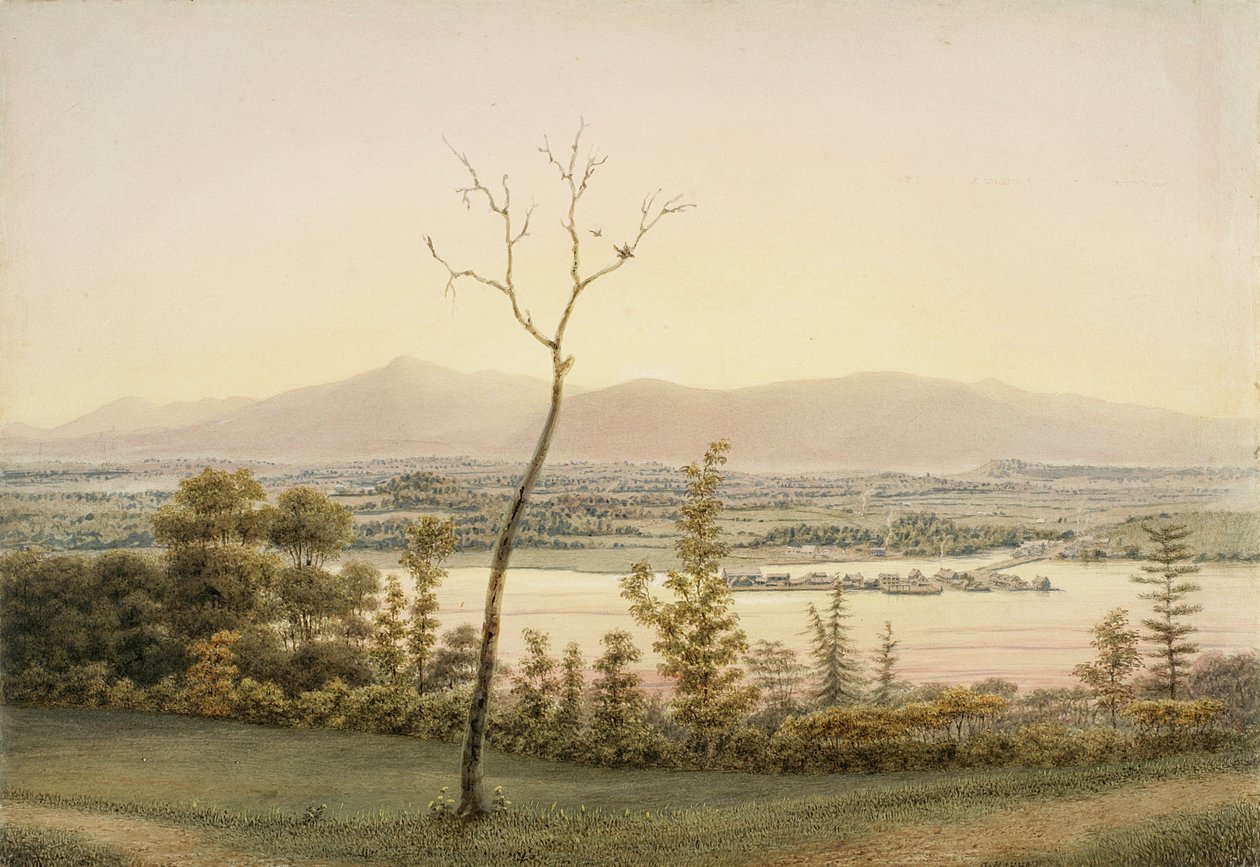 Early Twilight, Kaatskill Catskill Landing e Mountains from the East Bank of the Hudson, Nova York, 1840 (aquarela, grafite, vidros seletivos, guache e toques de arranhar no papel para de George Harvey