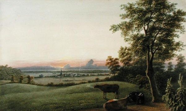 Sunrise - Flatbush and the Ocean from the Greenwood Cemetery, Long Island, New York, c.1830-40 (aquarela, guache e grafite sobre papel) de George Harvey