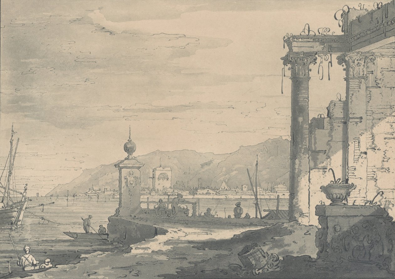 Uma cena costeira com uma ruína clássica à direita, 1811. de George Hawkins