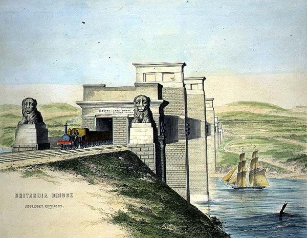 Ponte Britannia, Anglesey Entrance, gravada pela artista, pub. 1849 (cor litho) (para p&b ver 109679) de George Hawkins