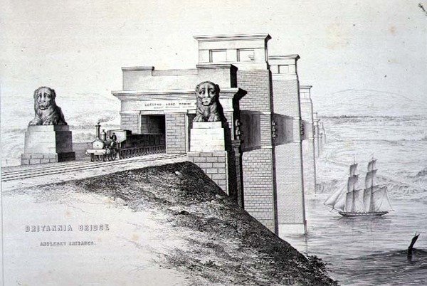 Ponte Britannia, Anglesey Entrance, gravada pela artista, pub. 1849 (litho) (para cores ver 122445) de George Hawkins