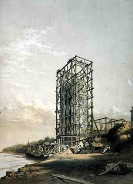 Ponte Britannia, Torre Caernarvon, setembro de 1848, pub. em 1849 (litho) de George Hawkins