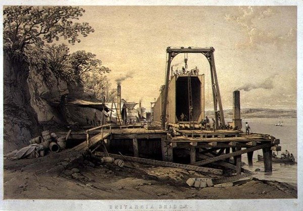Ponte Britannia, Plataforma e Construção de Tubos, setembro de 1848, gravada pelo artista, pub. 1849 (litho) de George Hawkins