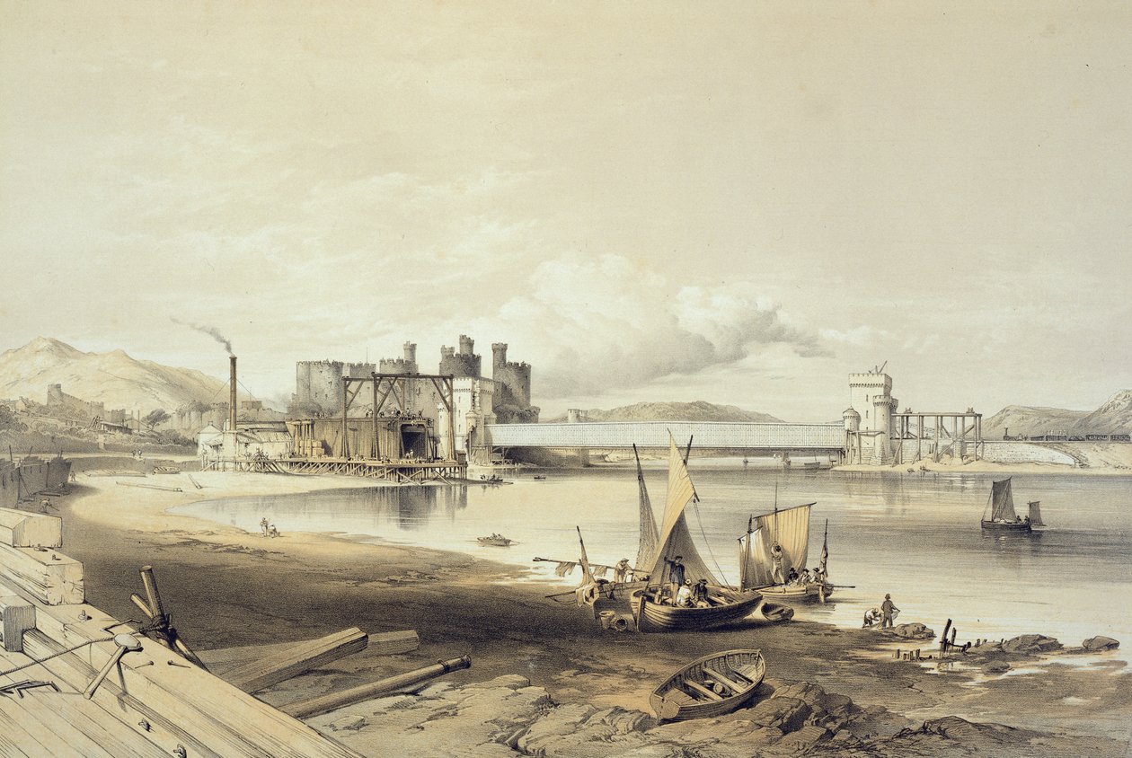 Conway Bridge, construção do segundo tubo, setembro de 1848, gravado pelo artista de George Hawkins
