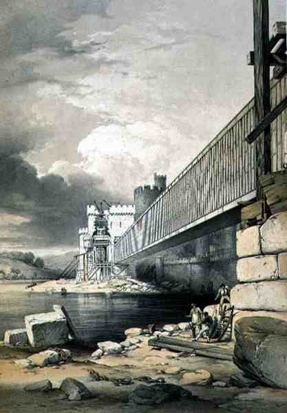 Ponte Tubular Conway, com os Preparativos para a Elevação do Segundo Tubo, pub. em 1849 (litho) de George Hawkins