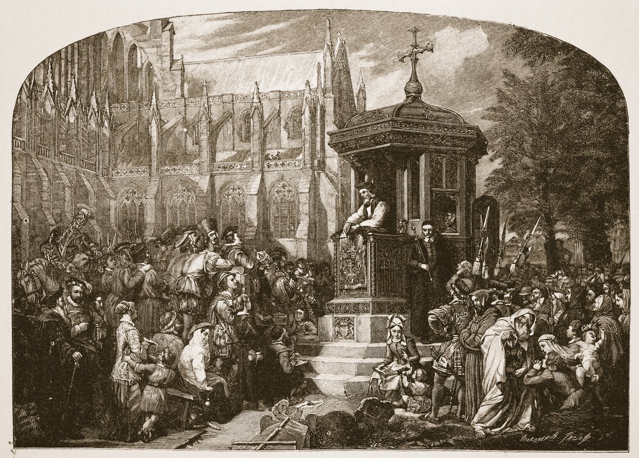 Latimer pregando para as Autoridades Civis em Paul&39;s Cross, ilustração de "A Igreja da Inglaterra: Uma História para o Povo" por HDM Spence-Jones, pub. c.1910 (foto sépia) de George Hayter