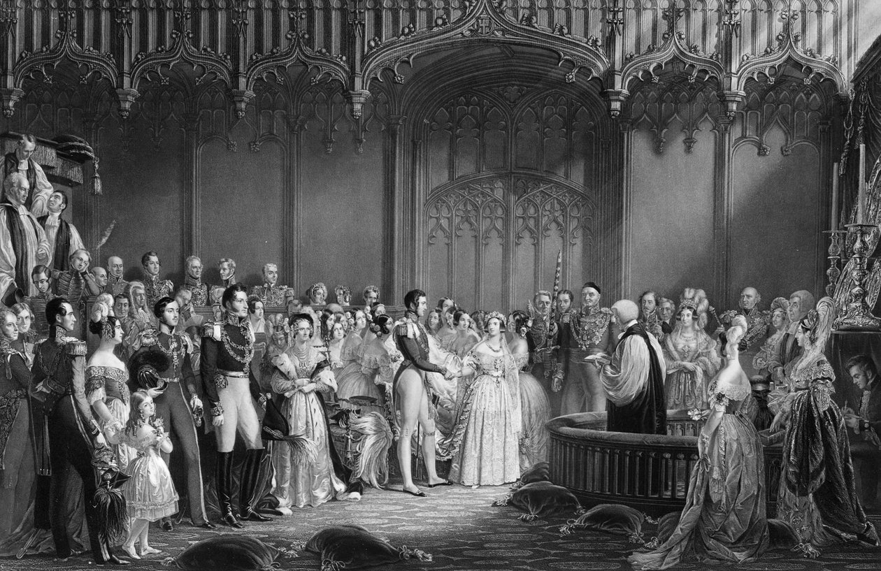 Casamento da Rainha Vitória (1819-1901) e do Príncipe Albert (1819-1861) no Palácio de St. James em 10 de fevereiro de 1840, gravado por Charles Eden Wagstaff, 1840 de George Hayter
