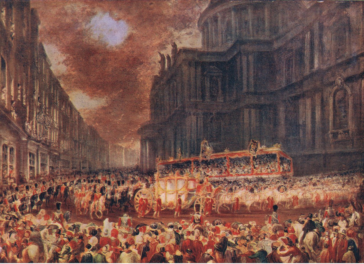 A primeira visita de estado da Rainha Vitória à cidade de Londres em 1837, da Cassells History ofthe British People, publicada pela Waverley Book Company Limited, c.1940 de George Hayter