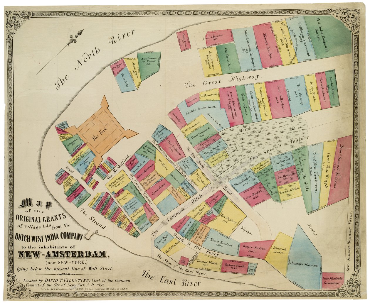 Mapa das concessões originais de lotes de aldeias da Companhia Holandesa das Índias Ocidentais para os habitantes de New-Amsterdam (agora Nova-York), abaixo da atual linha de Wall Street, 1857 (tinta preta, com colou de George Hayward