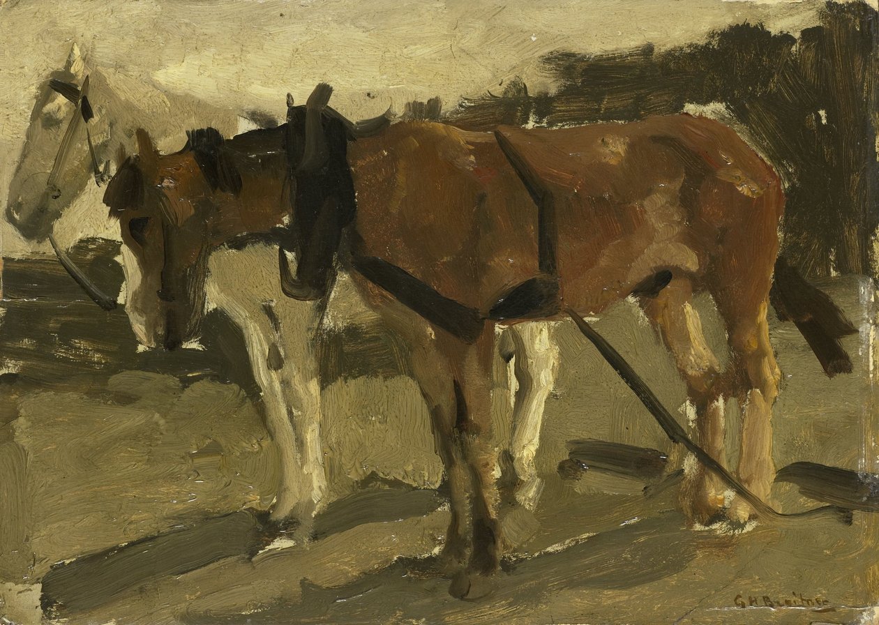 Um cavalo castanho e um cavalo branco em Scheveningen de George Hendrik Breitner